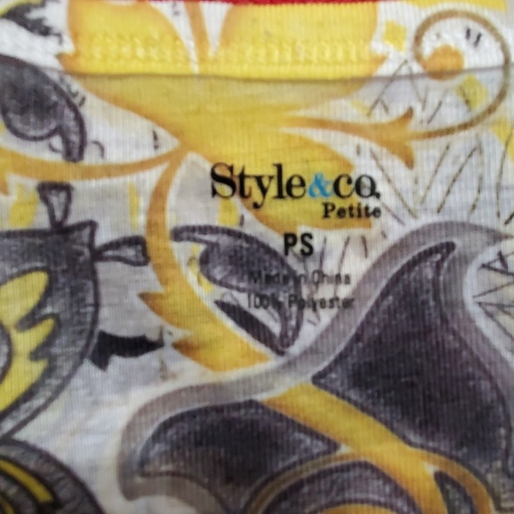 Style & Co. Black yellow white floral print round neck cap sleeve top Petite Sm - Picture 5 of 8